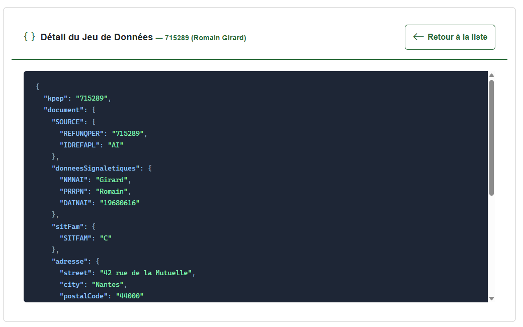 Fiche détaillée d'un client, affichée en format json, avec un bouton pour revenir à la liste des résultats